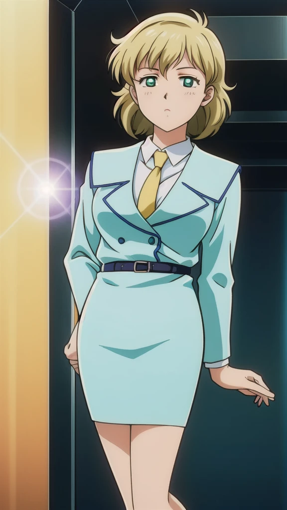 Blonde、 bob cut、Green Eyes、悲しface、 Full Body Style 、 normal breasts、 narrow waist 、Bare legs、 blue jacket ,襟付きshirt, shirt, yellow tie ,belt,,  Blue Mini Pencil Skirt, black tights，White pumps，My legs are slightly flabby， official art, Extremely High Definition CG Unity 8k Wallpaper,  full light, colorful , bright _ Front_face_Lighting,  shiny skin, ( masterpiece:1.0),(Highest_quality:1.0), 超 high resolution on down,4K,Ultra-detailed, photo shoot, 8k,  high resolution on down,  high resolution on down,  absurd:1.2,  Kodak Portra 400,  film grain,  blurry background, Bokeh:1.2,  lens flare , (Vibrant_ color:1.2), Professional photography,Anime Images、