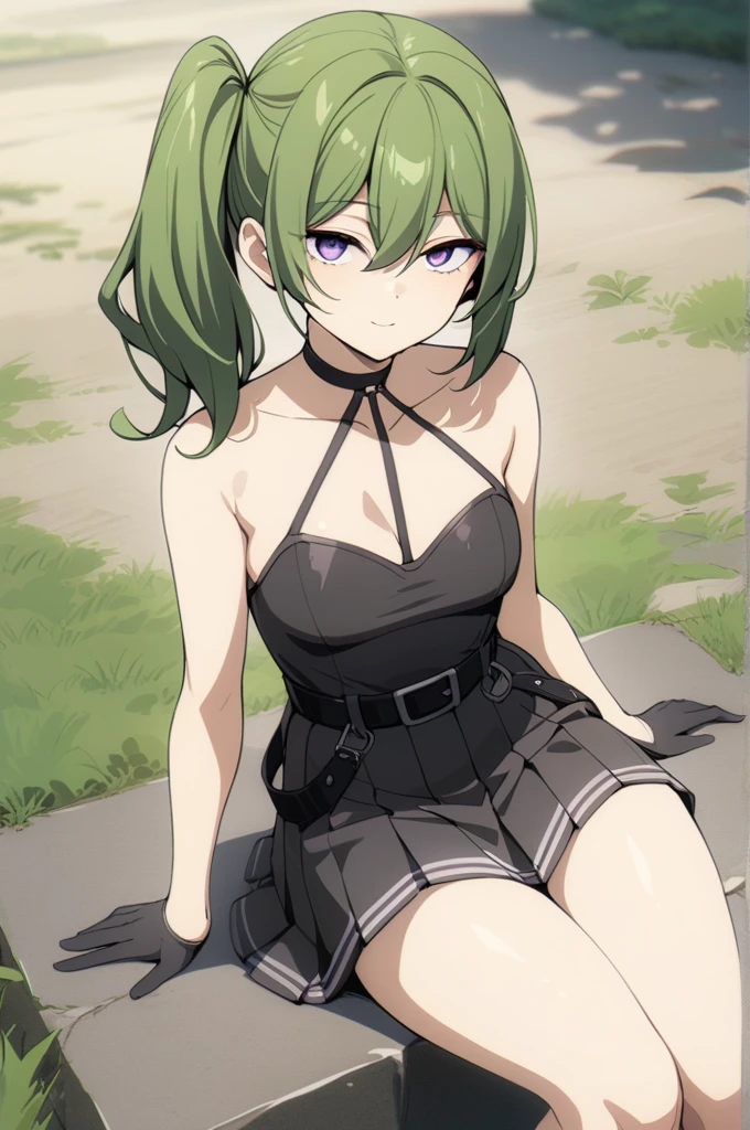 Yubel, 1 girl, green hair , bangs, hair between eyes ,  side ponytail,  purple eyes,
 black choker , clavicle,  sleeveless,  black dress, sleeveless dress,   halter neck, pleated skirt,  black gloves ,belt,Black shoes,
 viewers, Half-open eyes, Expressionless, smile,Outdoor, 
masterpiece,Best Quality, 