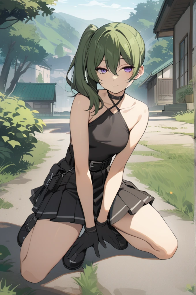 Yubel, 1 girl, green hair , bangs, hair between eyes ,  side ponytail,  purple eyes,
 black choker , clavicle,  sleeveless,  black dress, sleeveless dress,   halter neck, pleated skirt,  black gloves ,belt,Black shoes,
 viewers, Half-open eyes, Expressionless, smile,Outdoor, 
masterpiece,Best Quality, 