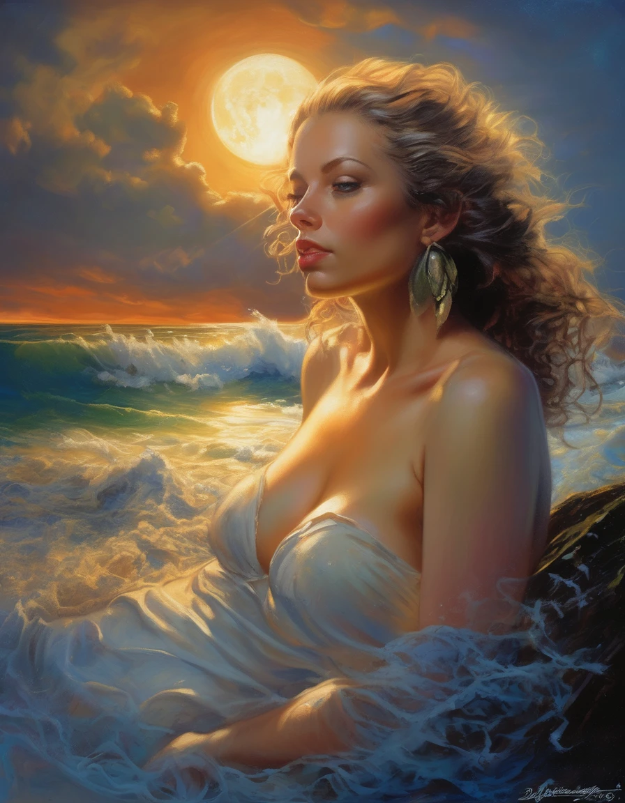 a beautiful girl walking on the beach at night, nude, with her hair blowing in the wind, (best quality,4k,8k,highres,masterpiece:1.2),ultra-detailed,(realistic,photorealistic,photo-realistic:1.37),intricate details,vivid colors,oil painting,artwork inspired by Bill Sienkiewicz,moonlight