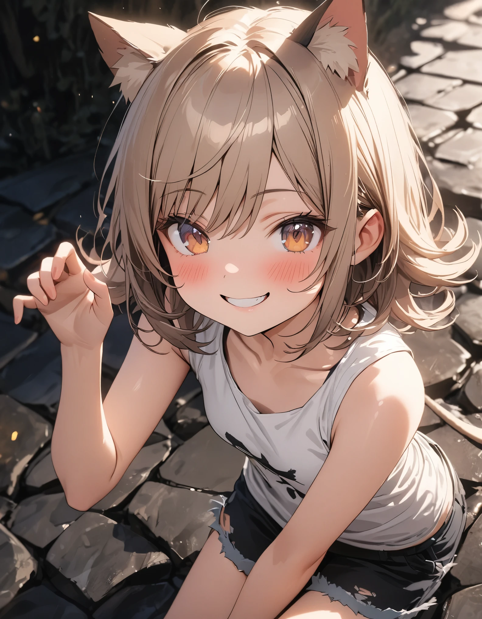 ((Masterpiece)), (Anime:1.3), ((best quality)), (super detail:1.2), (High Definition:1.3), (Professional Photography:1.2), (sharp focus), (perfect light), from side, (fisheye), (()), (morning), loose blunt bangs, messy medium hair, ((Frayed and ragged loose Long Sleeve T-shirts)), slightly exposed right shoulder, (slightly exposed small breast), Beautiful collarbone, Slender body, (running on the road), Sweaty skin, (smug), open mouth, Textured skin, Cat ears, (Healthy slim body), Pale brown hair, Cute Beautiful Girl, BREAK, ((best quality)), (super detail:1.2), ((Running)), dynamism, outdoor, (on the rusty Collapsed road), (View of the sea and slums),