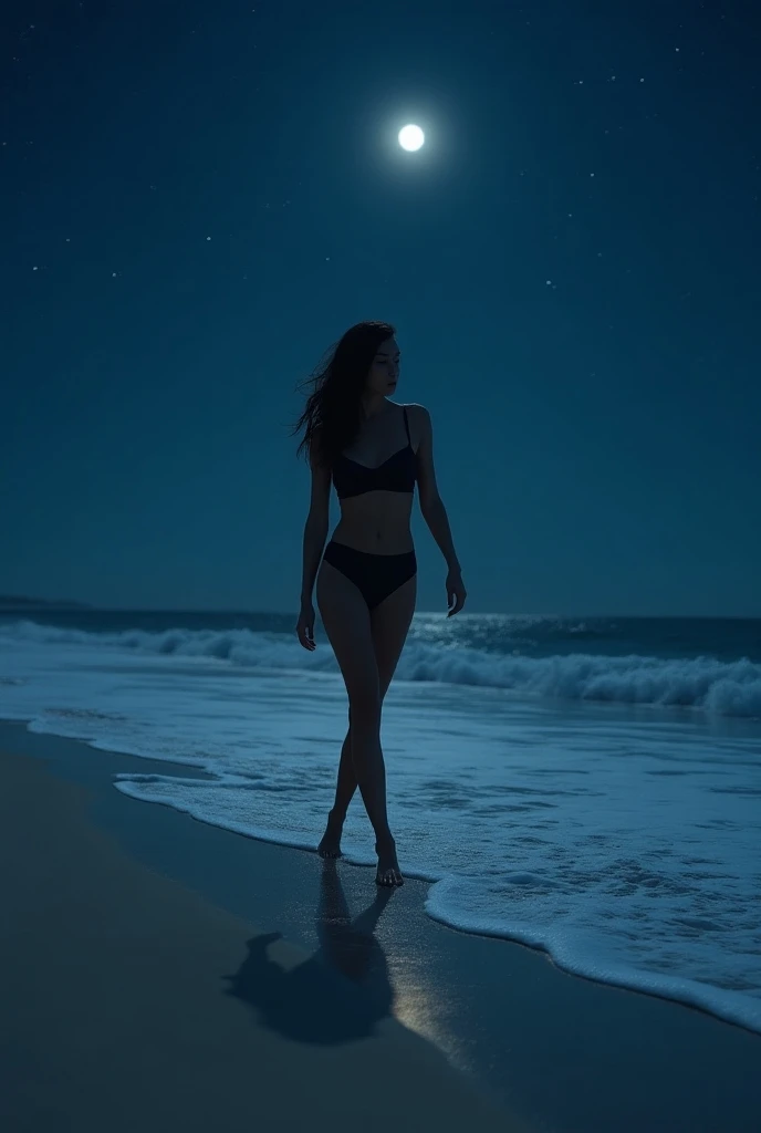 Beautiful blonde woman walking on the beach sand, palm trees surround her, and she is completely , her expression is one of joy. On the beach it is night and the darkness is beautiful