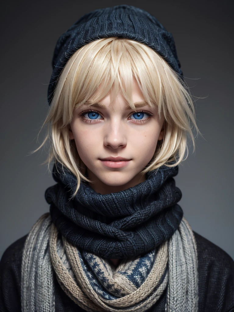 (best quality), 1boy, young boy, pale skin, (blonde hair), ((black ombre)), short hair, messy hair, messy bangs, hair over eyes, (dark blue eyes), perfect eyes, dark circles under eyes, scar over lip, scrawny body, smile, knit hat, scarf, christmas sweater, winter, masterpiece, anatomically correct, highres
