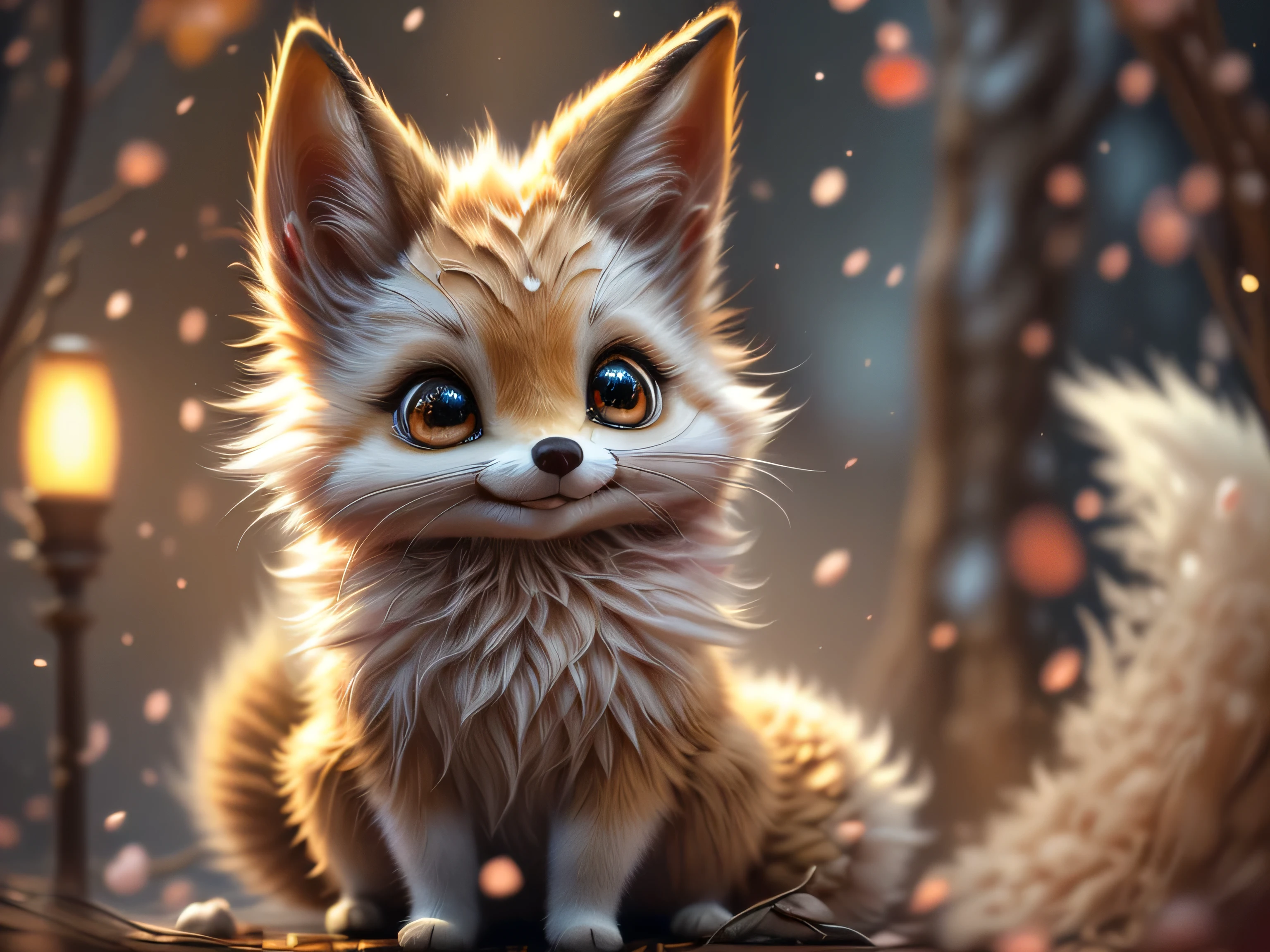 Magical Fantasy Creature, (Best Quality, Masterpiece, Representative Work, Official Art, Professional, Ultra Fine Detail, 8k:1.3), (Photorealism:1.2), Fox Spirit, Super Cute, Big Eyes, Soft, Delicate Nose, Fluffy, Two-Toothed Smile, Cute Fennec Fox Ghost, Realistic, Beautiful, Sparkling, Stars in Eyes, Star Pearl, Fox Lights, Soft Volumetric Light, (Backlight:1.3), (Cinematic:1.2), Intricate Details, (ArtStation:1.3), --auto --s2