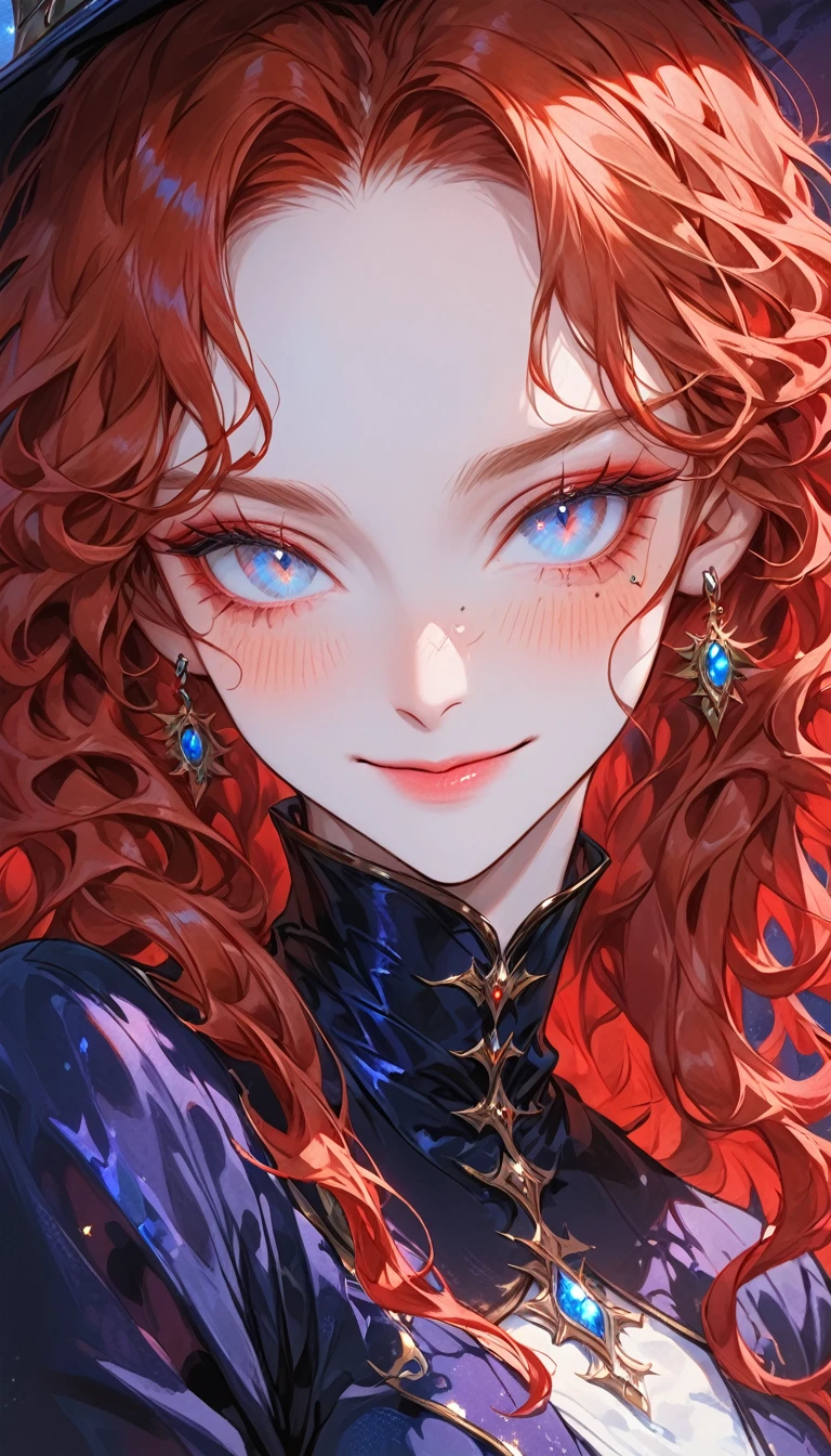 Mature Woman with red curly long hair, freckles(2.0), light blue eyes, half-closed eyes, longeyelashes, smile, blush, dark blue magician clothes, masterpiece, anatomically corrected