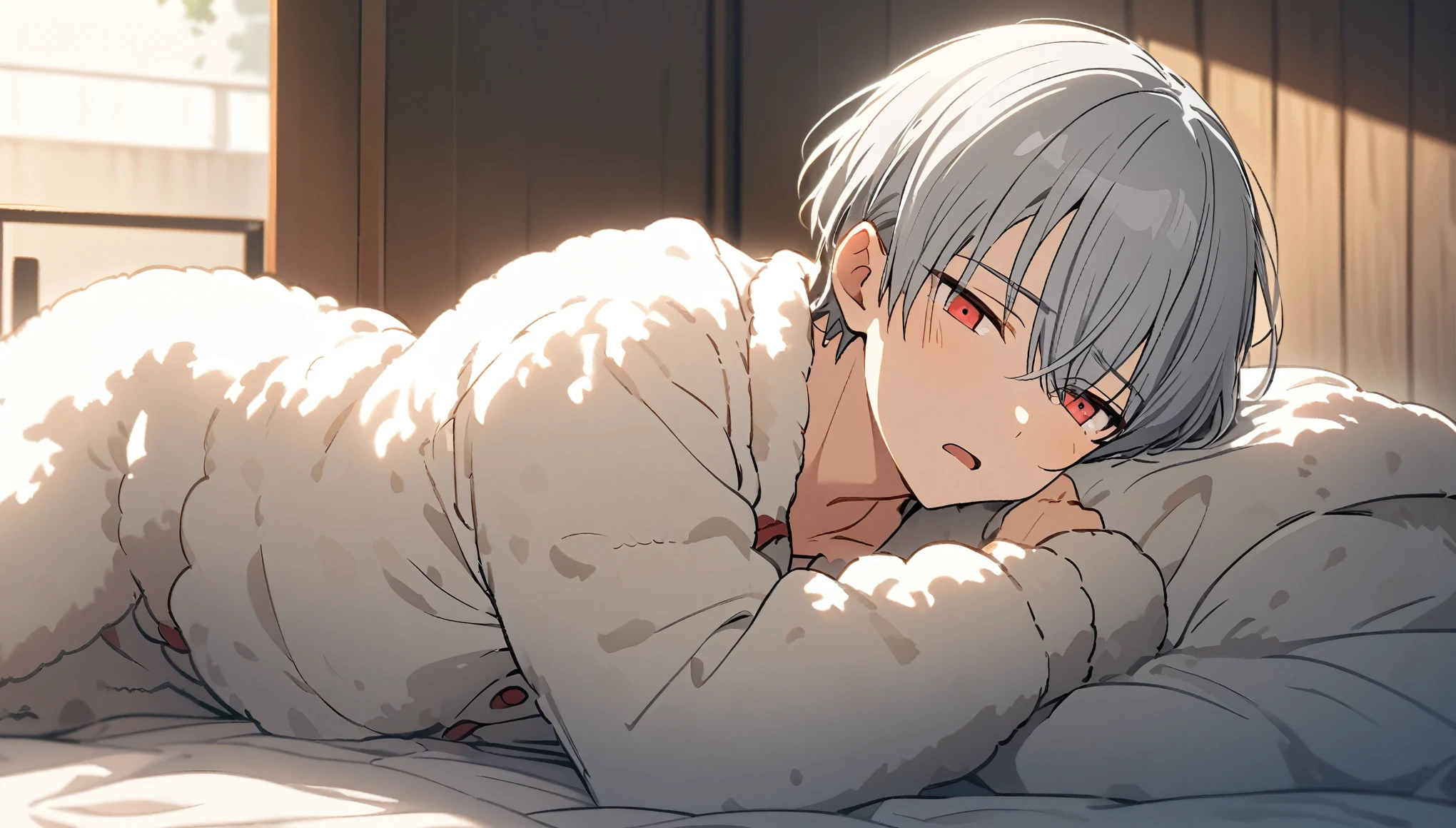  handsome, Alone, 1 male, Gray Hair, Red eyes,  Long Sleeve , white fluffy pajamas, noon, White Light,cute目, Short Hairstyle ,cute, background with bed ,bedroom,, bright , looking at camera, lying down,In the futon, wearing pajamas,Sweet face,Co-sleeping pose , looking at camera,Looks sleepy,Yawning