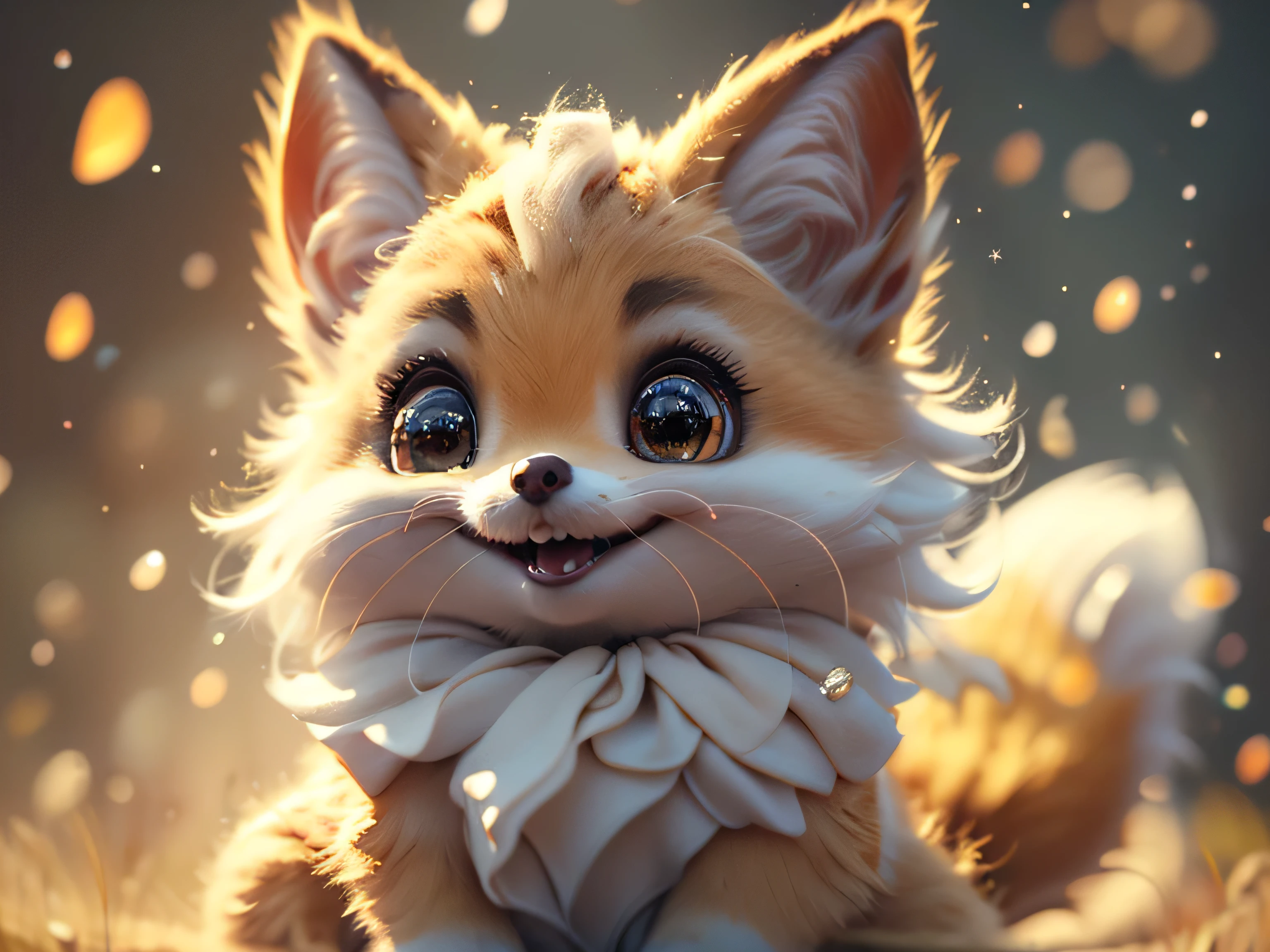 Magical Fantasy Creature, (Best Quality, Masterpiece, Representative Work, Official Art, Professional, Ultra Fine Detail, 8k:1.3), (Photorealism:1.2), Fox Spirit, Super Cute, Big Eyes, Soft, Delicate Nose, Fluffy, Two-Toothed Smile, Cute Fennec Fox Ghost, Realistic, Beautiful, Sparkling, Stars in Eyes, Star Pearl, Fox Lights, Soft Volumetric Light, (Backlight:1.3), (Cinematic:1.2), Intricate Details, (ArtStation:1.3), --auto --s2