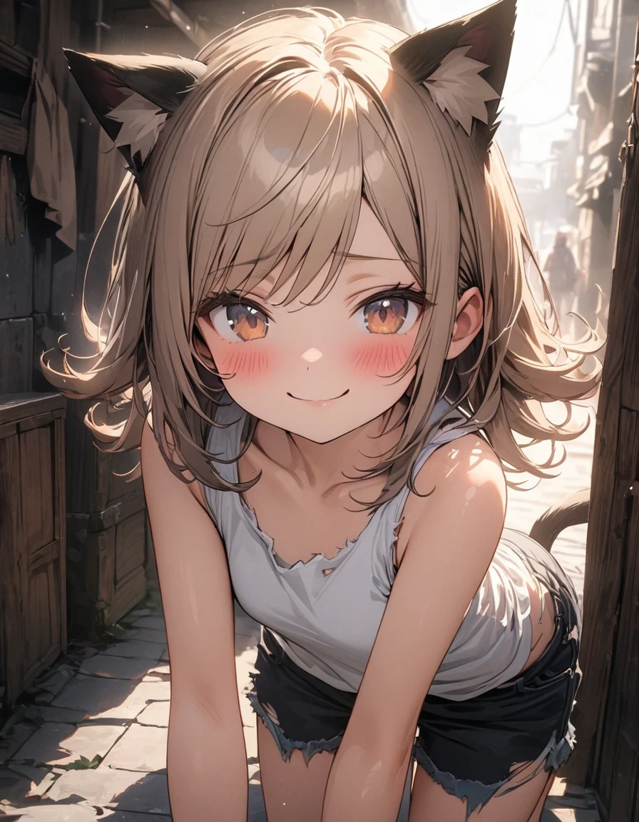 ((Masterpiece)), ((best quality)), (super detail:1.2), (High Definition:1.3), (Professional Photography:1.2), (1girl), ((12 years old)), 8K, cinematic lighting, (very messy hair), stooped posture, Forward leaning posture, (Healthy body), (Leaning on concrete walls), exposed small breast, (tattered camisole), (dirty white-camisole), Slender small breasts, open mouth, (evil smile) slum townscape, Textured skin, (cat ears), pale brown hair, Cute Beautiful girl, (Glossy lips), (sharp focus), (perfect light),