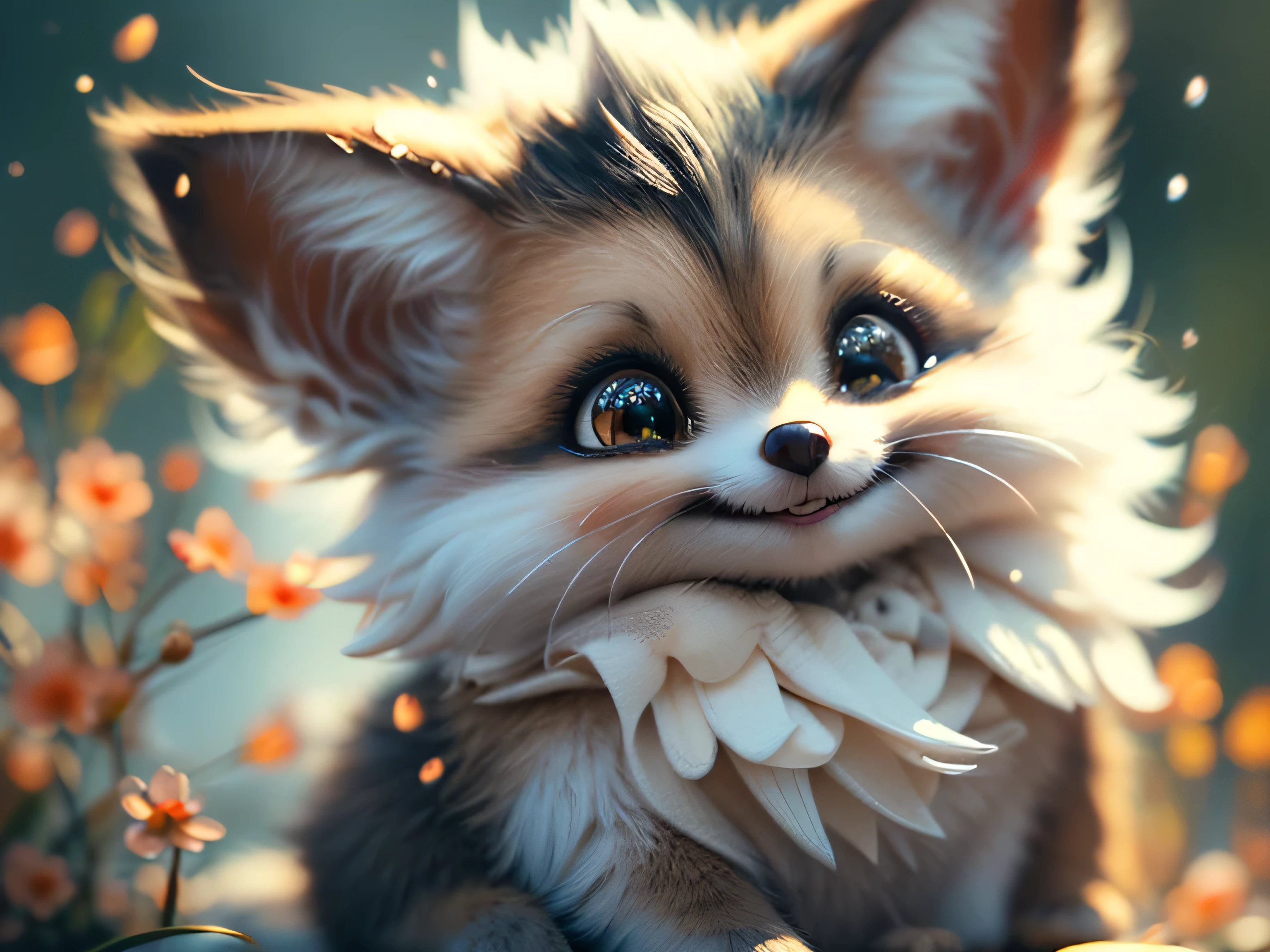 Magical Fantasy Creature, (Best Quality, Masterpiece, Representative Work, Official Art, Professional, Ultra Fine Detail, 8k:1.3), (Photorealism:1.2), Fox Spirit, Super Cute, Big Eyes, Soft, Delicate Nose, Fluffy, Two-Toothed Smile, Cute Fennec Fox Ghost, Realistic, Beautiful, Sparkling, Stars in Eyes, Star Pearl, Fox Lights, Soft Volumetric Light, (Backlight:1.3), (Cinematic:1.2), Intricate Details, (ArtStation:1.3), --auto --s2