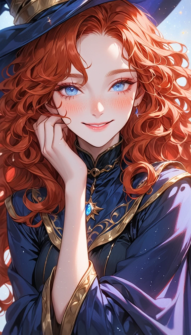 Mature Woman with red curly long hair, freckles(2.0), light blue eyes, half-closed eyes, longeyelashes, smile, blush, dark blue magician clothes, masterpiece, anatomically corrected