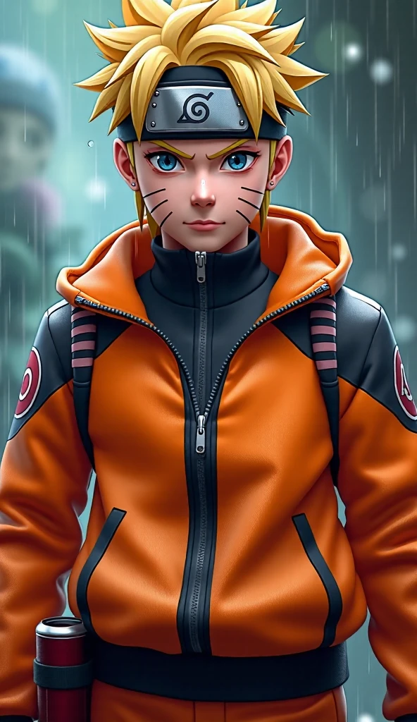 Naruto Uzumaki, age 16, portrait from chest to hips, wearing orange and black jacket with zipper, ninja tool pouch, young ninja with spiky blonde hair and whisker marks, caught in the rain, intense blue eyes, water droplets on face, dramatic bokeh background, hyperrealistic 3D render