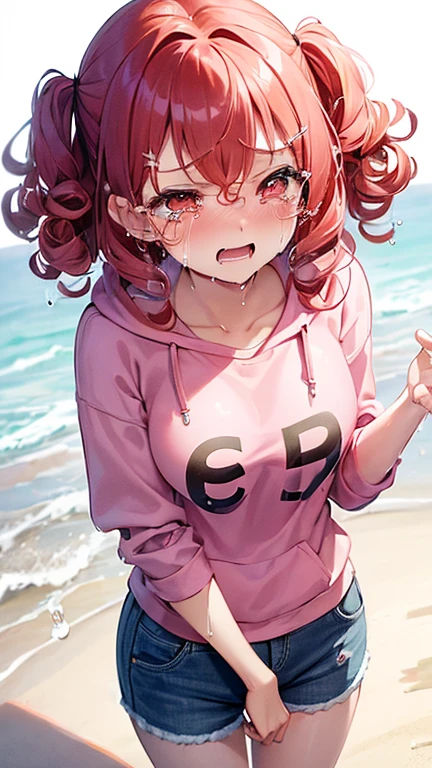 ((( two side up))),Red Hair,エメラルドのeye,Pose,plain pink long hoodie,Denim shorts,close ~ eye,smile,studio,((Alone)).((curly hair:1.2)),((Tears:1.3)), Big Eye, sandy beach,,