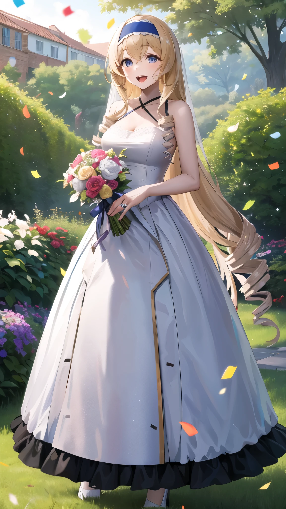 masterpiece, best quality, highres,  aacecilia, very long hair, curly hair, drill hair, blue hairband, wedding dress, standing, garden, confetti, holding bouquet, smile, open mouth,