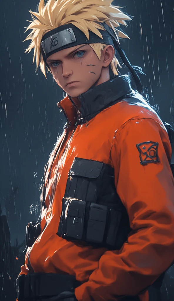 Naruto Uzumaki, , portrait from chest to hips, wearing orange and black jacket with zipper, ninja tool pouch, young ninja with spiky blonde hair and whisker marks, caught in the rain, intense blue eyes, water droplets on face, dramatic bokeh background, hyperrealistic 3D render