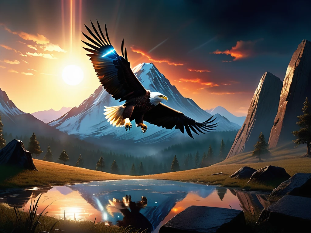  Focus on landscape reflection Mountain in the Eye of a Flying Eagle .  hyperrealistic reflection . hyperdetail. 32 mil.  digital concept art ., broken glass effect, Bottomless, splendid,  something that doesn't even exist , Be mythical, Energy, Molecular, Textures,  iridescent and luminescent scales ,  breathtaking beauty , pure perfection, divine presence, unforgettable, Impressive,  breathtaking beauty , volumetric light, auras, Rays,  vivid colors reflects ,  created in a photorealistic style 8k , wrapped in soft ,  natural volumetric kinematic lighting .,  ultra-clear digital rendering ., visuals at a splendid 8K,  mixing photorealistic concept art with lighting refined and soft,  cinematographic composition ,  masterwork-level oil painting , ultradetailed,  high-contrast shadows emphasizing grave markers ,  evoking the classic cinematography of the movie .  high resolution ,  high quality, masterpiece. best quality , masterpiece,  Super detail