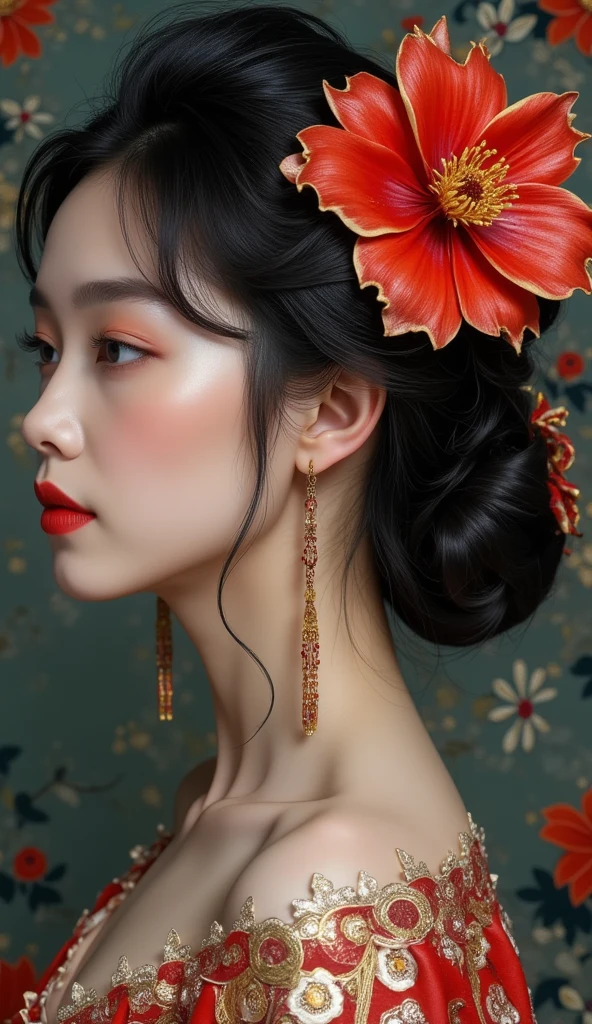 ( masterpiece ,  best quality:1.2), 1 Girl, Mori Xuehui ,  Dale Chihuly,  fashion magazine cover, Wallop,  Alphonse Mucha, Xiao Rongcheng,  Mineral Pigment Digital Painting ,  textured matte,   Dark Fantasies  ,  New 3D Ancient Chinese Style ,  William Morris ,  Joseph Frank ,  Image of a Azalea with earrings in the clouds,  Realistic yet Romantic Style , Fairy Tale Core,  Black Painting ,  Baroque Elegance , 32K Ultra HD,  Extravagant Facial Features ,  Chinese Style Lighting , 3D particles,  Gustav Klimt , Sequins,  bioluminescence , Glowing particles, James Turrell , Nick Vesey, Ultra-high-definition pixels, whole body, Film Grain