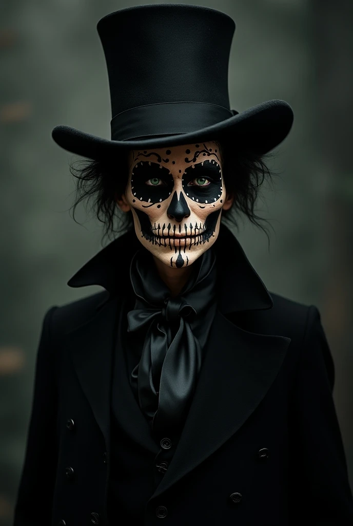 realistic portrait photo of a man dressed as a skeleton vampire hybrid, costume, cosplay, cinematic halloween LUT
