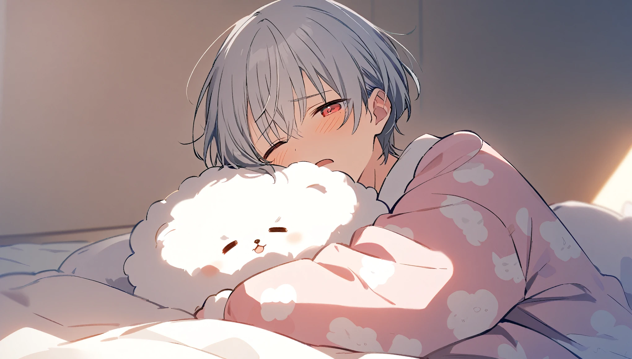  handsome, Alone, 1 male, Gray Hair, Red eyes,  Long Sleeve , white fluffy pajamas, noon, White Light,cute目, Short Hairstyle ,cute, background with bed ,bedroom,, bright , looking at camera, lying down,In the futon, wearing pajamas,Sweet face,Co-sleeping pose , looking at camera,Looks sleepy,Yawning,Looks sleepyな表情, shy expression 