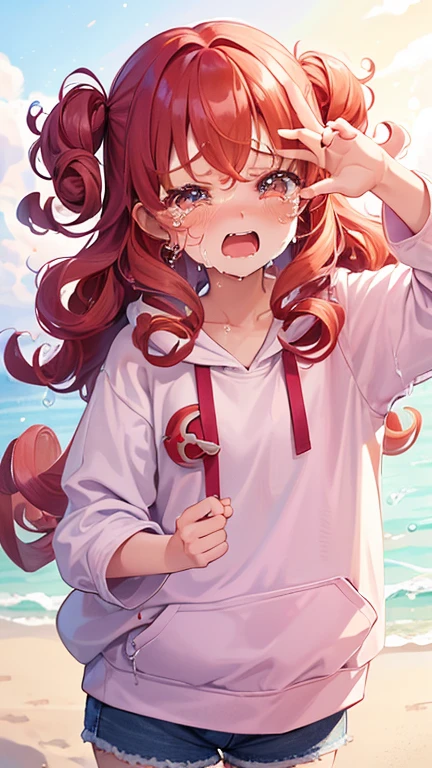  a very young girl ，(( two side up))),Red Hair,エメラルドのeye,Pose,plain pink long hoodie,Denim shorts,close ~ eye,smile,studio,((Alone)).((curly hair:1.2)),((Tears:1.3)), Big Eye, sandy beach,, with a playful gesture ，