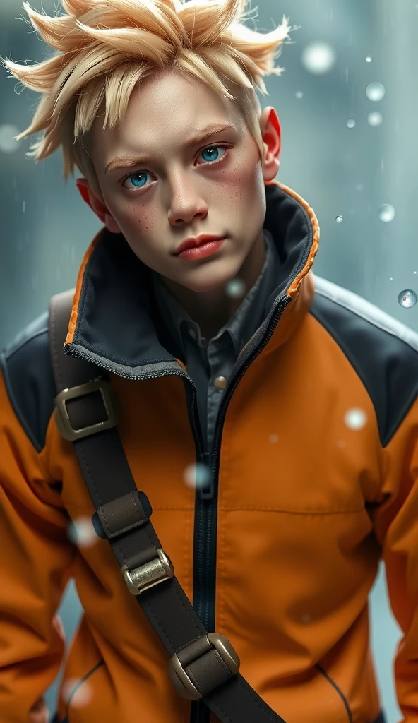 Naruto Uzumaki, age 16, portrait from chest to hips, wearing orange and black jacket with zipper, ninja tool pouch, young ninja with spiky blonde hair and whisker marks, caught in the rain, intense blue eyes, water droplets on face, dramatic bokeh background, hyperrealistic 3D render