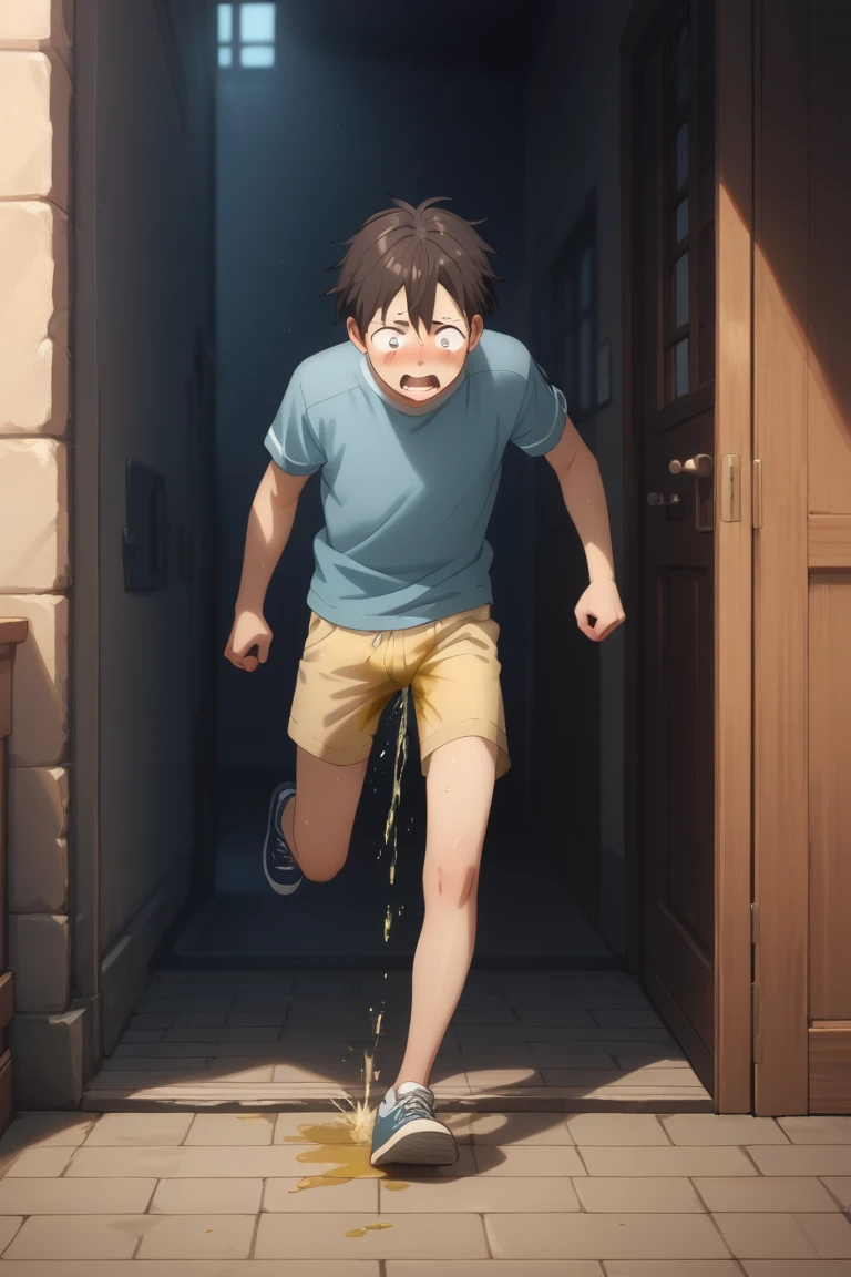 In the morning corridor, there's a slender and mascular young man.. He is running. He is pissing himself. There's a large pee wet spot on his tight whities. Pee wet stain on his crotch. His pee is dropping off from the bottom of his tighty whites.  He looks panicking and scared.