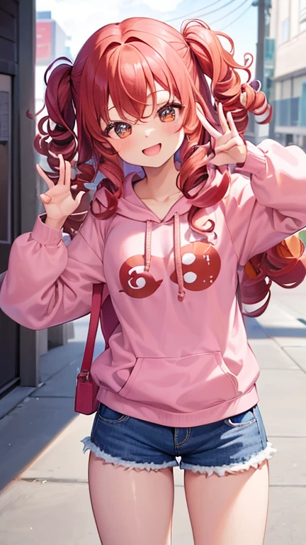  a very young girl ， short stature ， toddler figure ，(( two side up))),Red Hair,エメラルドのeye,Pose,plain pink long hoodie,Denim shorts,close ~ eye,smile,studio,((Alone)).((curly hair:1.2)),(()), Big Eye, sandy beach,, with a playful gesture ，