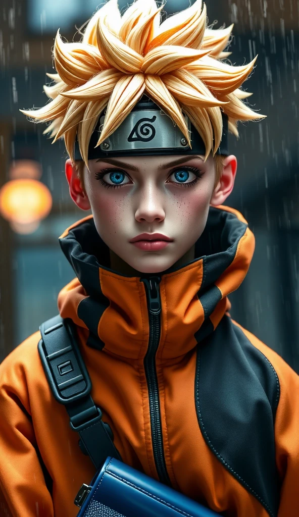 Naruto Uzumaki, age 16, portrait from chest to hips, wearing orange and black jacket with zipper, ninja tool pouch, young ninja with spiky blonde hair and whisker marks, caught in the rain, intense blue eyes, water droplets on face, dramatic bokeh background, hyperrealistic 3D render