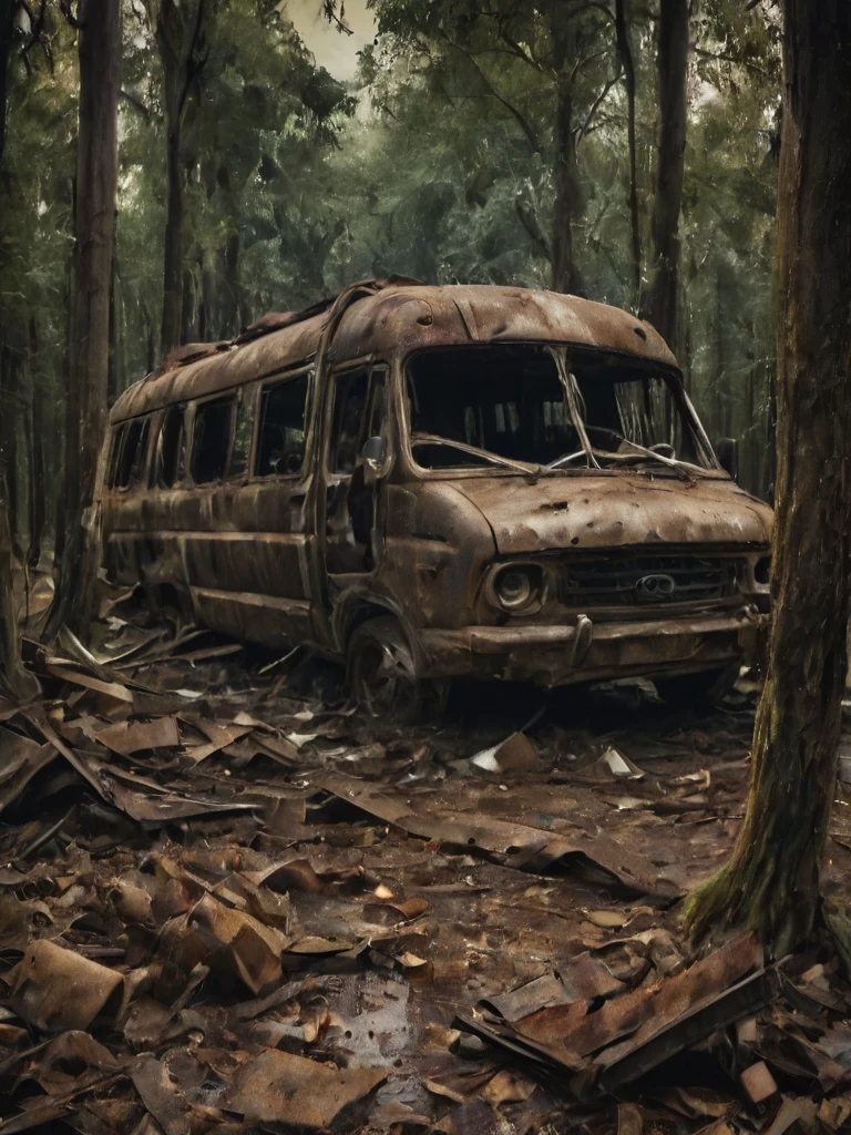 mkitdecy , panorama, Fine Arts, discreet, Evening, Dark,  una autocaravana oxidada en una Evening brumosa y polvorienta,  standing inside a destroyed forest ,  focus on the landscape ,  Deep shadows,  lyrics,  High resolution, Dark, let it go  