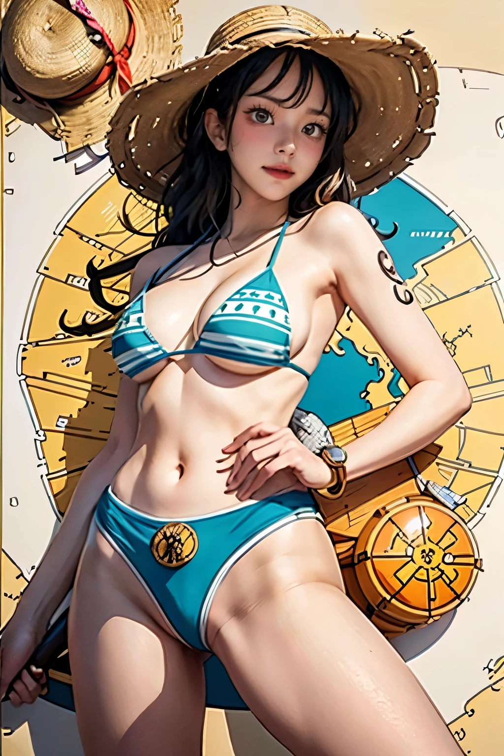 Woman in bikini top and straw hat map on background, In one piece., of the work., we, One piece cruise, One-piece art style, from one piece, beautiful portrait of nami, Patreon map, one piece, anime", Wallpaper!, Luffy (one piece, Estiro One Piece, Map Key,