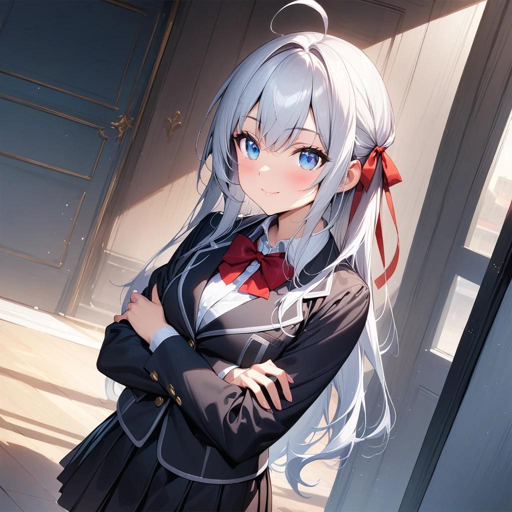 (masterpiece),(best quality),(ultra-detailed),(best illustration),(best shadow),(absurdres),(detailed background),(very aesthetic), alya(roshidere), white hair, long hair, bangs, blue eyes, hair ribbon, ahoge, red ribbon, skirt, shirt, long sleeves, bow, , jacket, white shirt, pleated skirt, collared shirt, bowtie, black skirt, red bow, red bowtie, blazer, grey blazer, long sleeves, upper body view, crossed arms, smile,