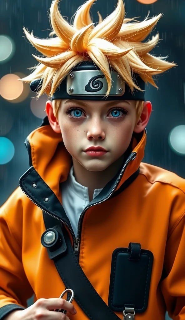 Naruto Uzumaki, age 16, portrait from chest to hips, wearing orange and black jacket with zipper, ninja tool pouch, young ninja with spiky blonde hair and whisker marks, caught in the rain, intense blue eyes, water droplets on face, dramatic bokeh background, hyperrealistic 3D render