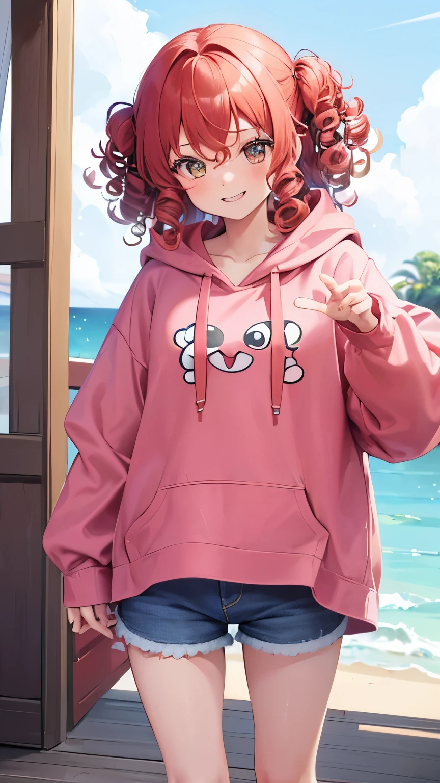  a very young girl ， short stature ， toddler figure ，(( two side up))),Red Hair,エメラルドのeye,Pose,plain pink long hoodie,Denim shorts,close ~ eye,smile,studio,((Alone)).((curly hair:1.2)),(()), Big Eye, sandy beach,, with a playful gesture ，