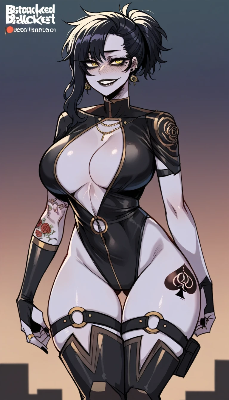 masterpiece, highest quality, highest resolution, distinct_image, detailed details) , 1 futanari , solo , 40's , massive breasts , massive hips, cleavage, attractive body, attractive face, attractive expressions , attractive eyes, attractive lips , soft hair , sot skin , one black mole on left eye , soft lips , black eyeshadow , black makeup , black lipstick , black lips , black fingernails , attractive women , attractive , big bright eyes , gold ring , ring , blush , smiling , teasing facial expressions , on city  ,blacked ,blackedwear , BBC tattoos , queen of spades tattoo temporarily on left breast , black roses tattoo on right arm , tattoo detailed ,single pauldron, ponytail ,long hair ,gloves, wdwmakr ,colored skin , purple skin , yellow eyes, thigh holster , over shoulder, single vembrace , stud earrings , center opening , bodysuit, knee boots , cleavage , ratatatat74 artstyle , 