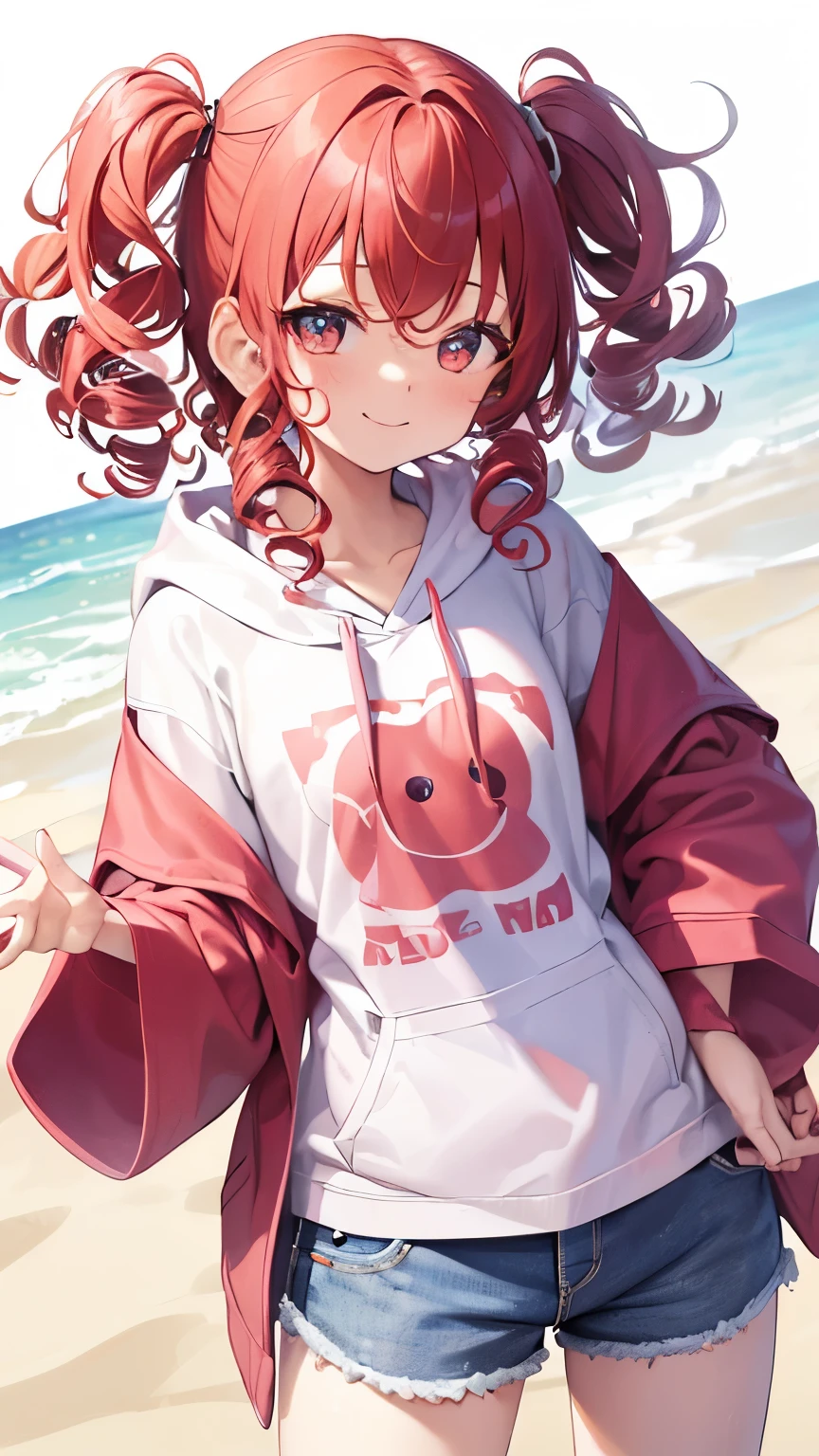  a very young girl ， short stature ， toddler figure ，(( two side up))),Red Hair,エメラルドのeye,Pose,plain pink long hoodie,Denim shorts,close ~ eye,smile,studio,((Alone)).((curly hair:1.2)),(()), Big Eye, sandy beach,, with a playful gesture ，