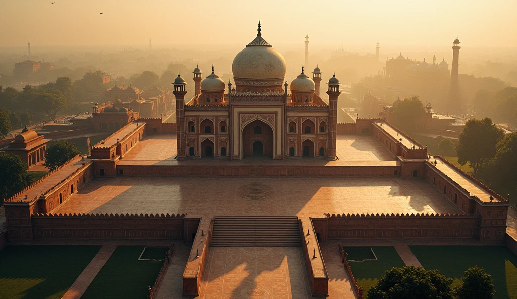 Open with stunning aerial shots capturing the Taj Mahal from various angles, highlighting its grandeur against the landscape