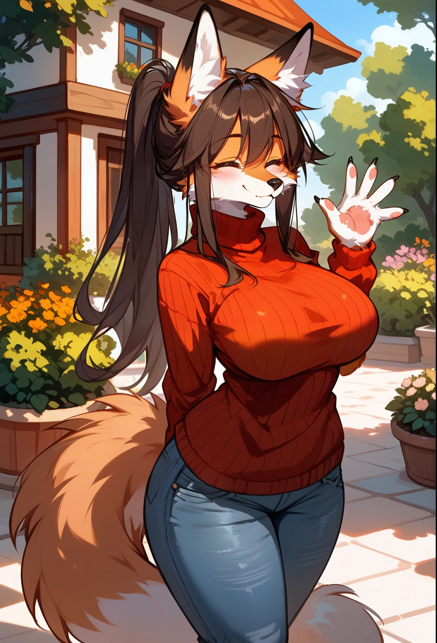 (score_9,score_8_up,score_7_up), (furry), (Anthro fox girl, brunette hair, orange fur), mature female, closed eyes, fox paws, pawpads, claws, long hair, ponytail, smile, blush, turtleneck sweater, denim jeans, large breasts, wide hips, choker, outdoors, modern house, garden, looking at viewer, waving, one arm behind back