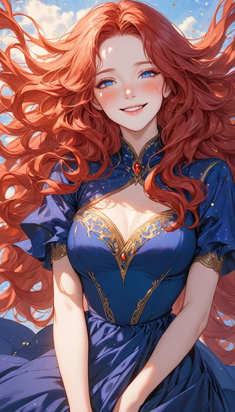 Mature Woman with red wavy long hair, many freckles, light blue eyes, half-closed eyes, longeyelashes, smile, blush, dark blue magician long dress, masterpiece, anatomically corrected