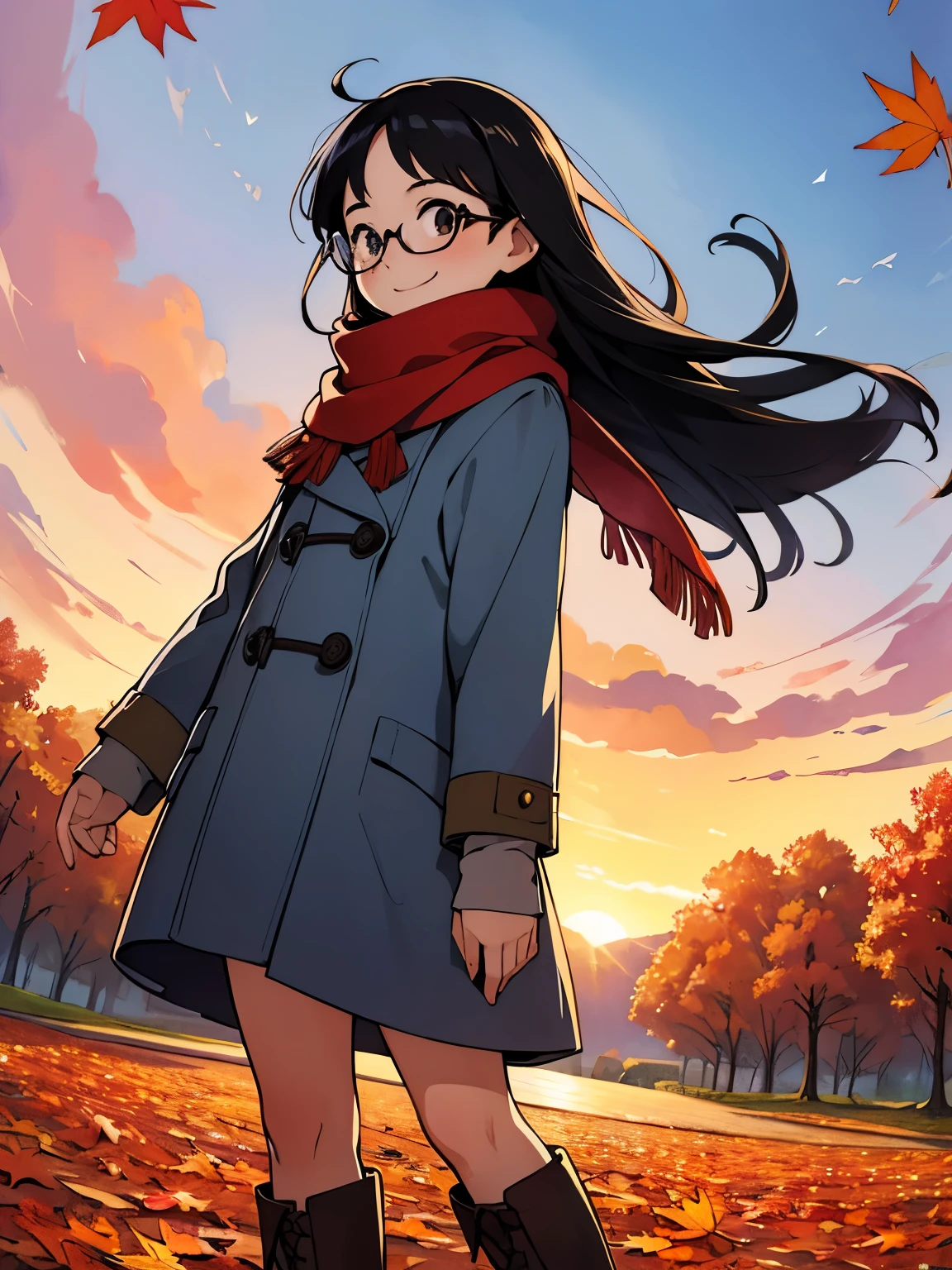 masterpiece，Best Quality， High image quality，( super flat ,   flat shading  )，Glasses， beautiful black hair， Fisheye Lens ， beautiful young mother and cute daughter，  warm scarf， (naked)，Long Hair， boots, smile, smile，White Breath，fun, play，Autumn park garden， fall leaves for vaginal discharge，Autumn sky，At dusk，Beautiful sunset，Wide angle， bright colors，watercolor, Ghibli style，Strong winds， Girl Temptation，