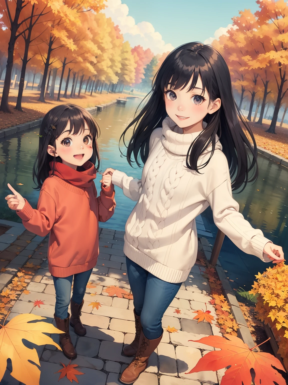 (   super flat   ,     flat shading   ,        flat color    ), (close),   anal fisheye lens ，cute little round mother and cute daughter,     very short  ，   flat chest，   thin thighs，  warm oversized sweater，  muffler  ，Long Hair,  boots, smile, smile, fun, play, autumn, autumnのきれいな紅葉,  bright , Wide angle,   bright  color, watercolor, Ghibli style， girl&#39;lure，