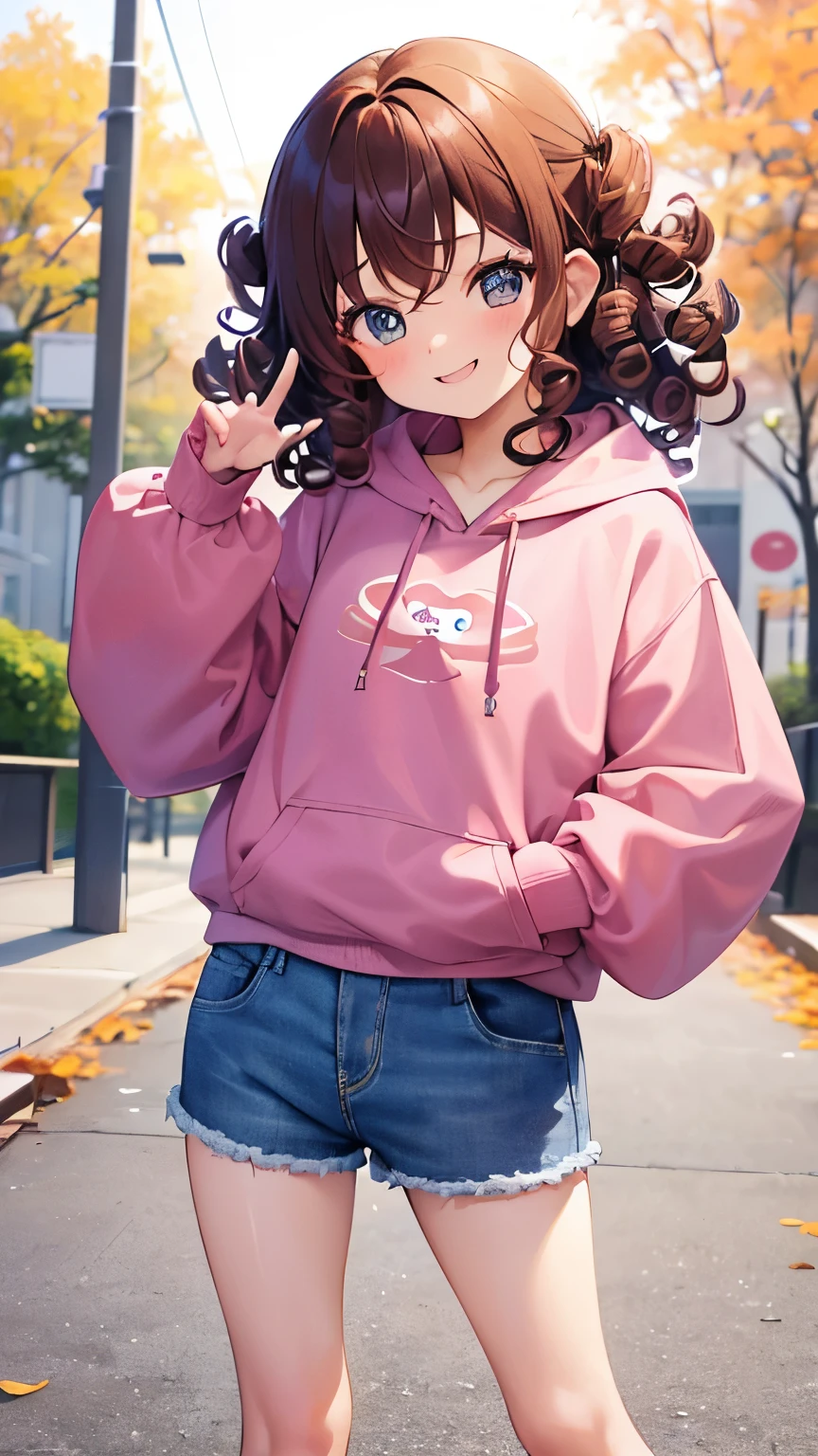  a very young girl ， short stature ， toddler figure ，(( two side up))),Brown Hair,エメラルドのeye,Pose,plain pink long hoodie,Denim shorts,close ~ eye,smile,studio,((Alone)).((curly hair:1.2)),(()), Big Eye， autumn park， fall leaves for vaginal discharge， with a playful gesture ，