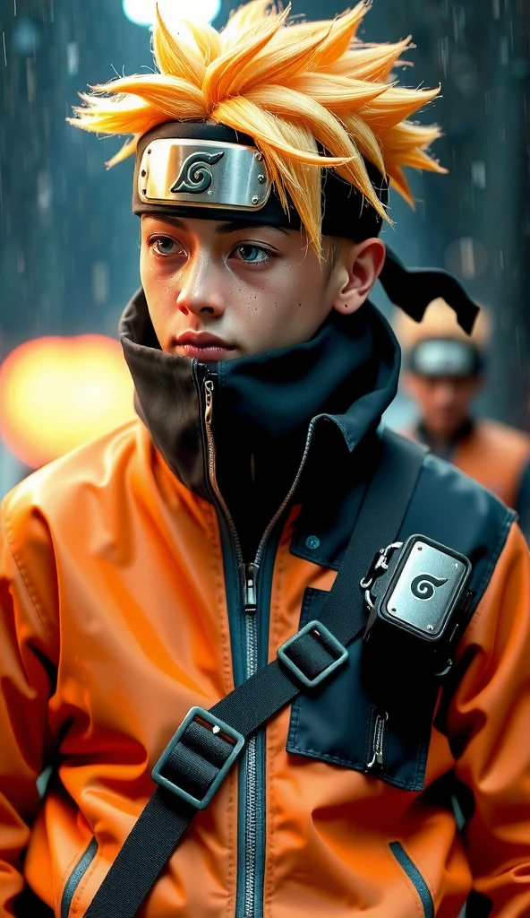 Naruto Uzumaki, age 16, portrait from chest to hips, wearing orange and black jacket with zipper, ninja tool pouch, young ninja with spiky blonde hair and whisker marks, caught in the rain, intense blue eyes, water droplets on face, dramatic bokeh background, hyperrealistic 3D render