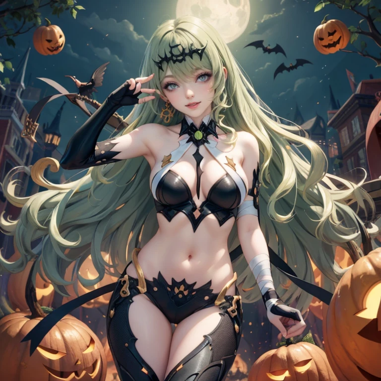 Mobius (honkai impact), honkai (series), honkai impact 3rd, asymmetrical gloves, bangs, earrings, elbow gloves, solo, gloves, green eyes, green hair, hair between eyes, jewelry, long hair, looking at viewer, 1girl, vampire costume for Halloween, jewelry, brown hair, glow hair, flowing hair, ahoge, armpits, bandaged arm, bandaged hand, bandaged leg, bandaged neck, bandage chest, bandages all over the body, bandages, bare shoulders, glow eyes, vampire costume for Halloween, Halloween theme, chest sarashi, claw pose, tassel, collarbone, cowboy shot, cute ghost, hair between eyes, hair intakes, halloween, vampire halloween costume, huge ahoge, long hair, looking at viewer, midriff, multicolored hair, vampire costume, smile, solo, stomach, strapless, streaked hair, thigh gap, thighs, tube top, very long hair, pumpkin lantern, candle, cemetery scenery 