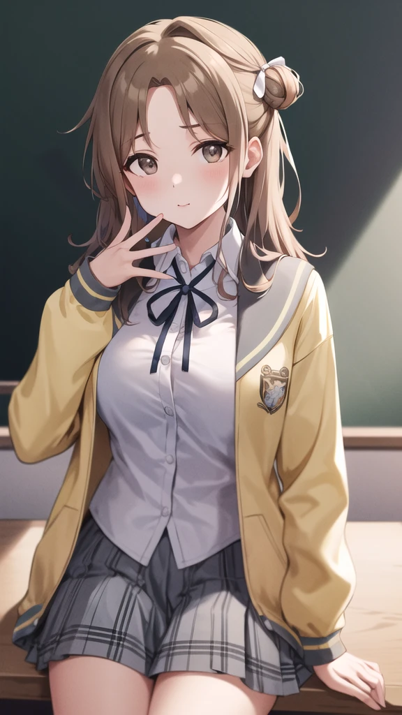 masterpiece, best quality, highres, hmhi, long hair, single side bun, hair ribbon, neck ribbon, school uniform, white shirt, yellow cardigan, open clothes, long sleeves, plaid skirt, grey skirt, pleated skirt, 