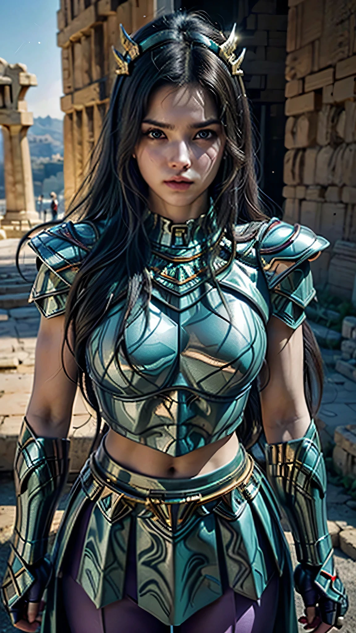 Masterpiece, Best Quality, Ultra High Resolution, Realistic Skin Texture, Armor, (Photorealistic:1.4), High Resolution, Raw Photo, Glowing Skin, Realistic Skin Texture, Best Lighting, Glow, Dramatic Lighting, Dynamic Pose, (Greek Temple Background:1.3), Night Sky, Cosmos, Milky Way, 1 Girl, (Medium Chest:1.1), Balanced Eyes, Shiryu dragon with silver-green armor., purple pants, purple short-sleeved shirt, wearing dragon helmet, roman skirt plate, (chest plate:1.5), very long hair, Armor, cleavage,score_9, score_8_up, score_7_up, score_6_up, rating_explicit, 1 girl, ((18YO:1.2)), Adult, full lips, big clear eyes, light blue eyes, ((black hair:1)), (long wavy hair: 1.2), (background ruins of Athens large stones:1.4), (fingers detailed), (metallic armor V2.1), (metallic realistic:1.4)