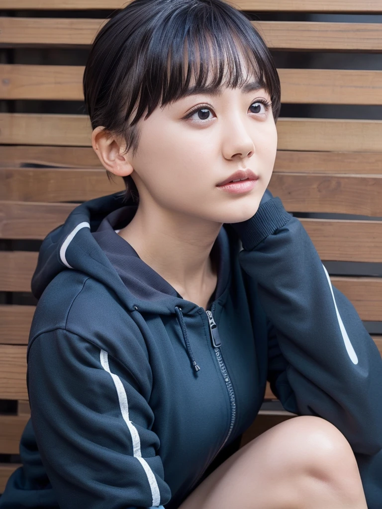 masterpiece, Best Quality,  1 girl, Alone, I hope ,  pixie cut,  Black Hair ,  dark eyes,  Blue Jacket , black gym-wear, (Expressionless), Tooth opening ,  sitting, Outdoor,  sitting on a bench, (( upper body,  face focus ,  face close-up)),