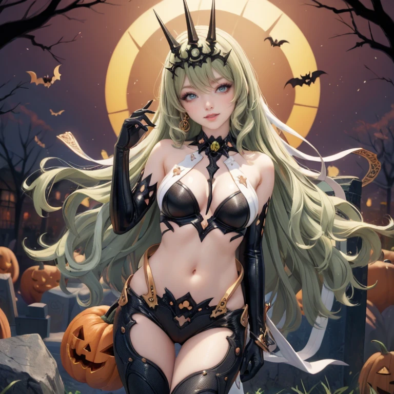 Mobius (honkai impact), honkai (series), honkai impact 3rd, asymmetrical gloves, bangs, earrings, elbow gloves, solo, gloves, green eyes, green hair, hair between eyes, jewelry, long hair, looking at viewer, 1girl, vampire costume for Halloween, jewelry, brown hair, glow hair, flowing hair, ahoge, armpits, vampire, cape, bare shoulders, glow eyes, vampire costume for Halloween, Halloween theme, chest sarashi, claw pose, tassel, collarbone, cowboy shot, cute ghost, hair between eyes, hair intakes, halloween, vampire halloween costume, huge ahoge, long hair, looking at viewer, midriff, multicolored hair, vampire costume, smile, solo, stomach, strapless, streaked hair, thigh gap, thighs, tube top, very long hair, pumpkin lantern, candle, cemetery scenery 