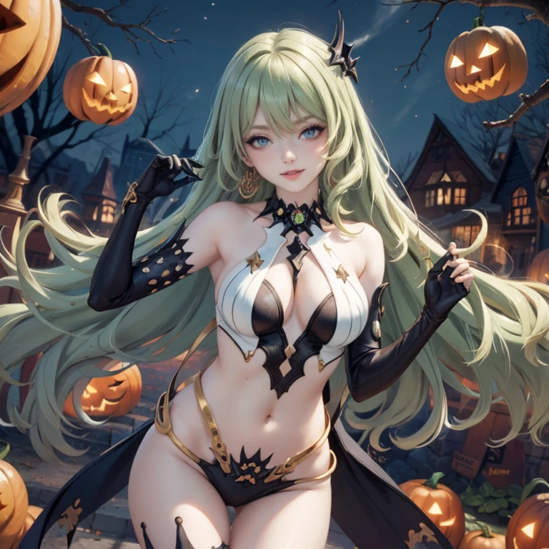 Mobius (honkai impact), honkai (series), honkai impact 3rd, asymmetrical gloves, bangs, earrings, elbow gloves, solo, gloves, green eyes, green hair, hair between eyes, jewelry, long hair, looking at viewer, 1girl, vampire costume for Halloween, jewelry, brown hair, glow hair, flowing hair, ahoge, armpits, vampire, cape, bare shoulders, glow eyes, vampire costume for Halloween, Halloween theme, chest sarashi, claw pose, tassel, collarbone, cowboy shot, cute ghost, hair between eyes, hair intakes, halloween, vampire halloween costume, huge ahoge, long hair, looking at viewer, midriff, multicolored hair, vampire costume, smile, solo, stomach, strapless, streaked hair, thigh gap, thighs, tube top, very long hair, pumpkin lantern, candle, cemetery scenery 