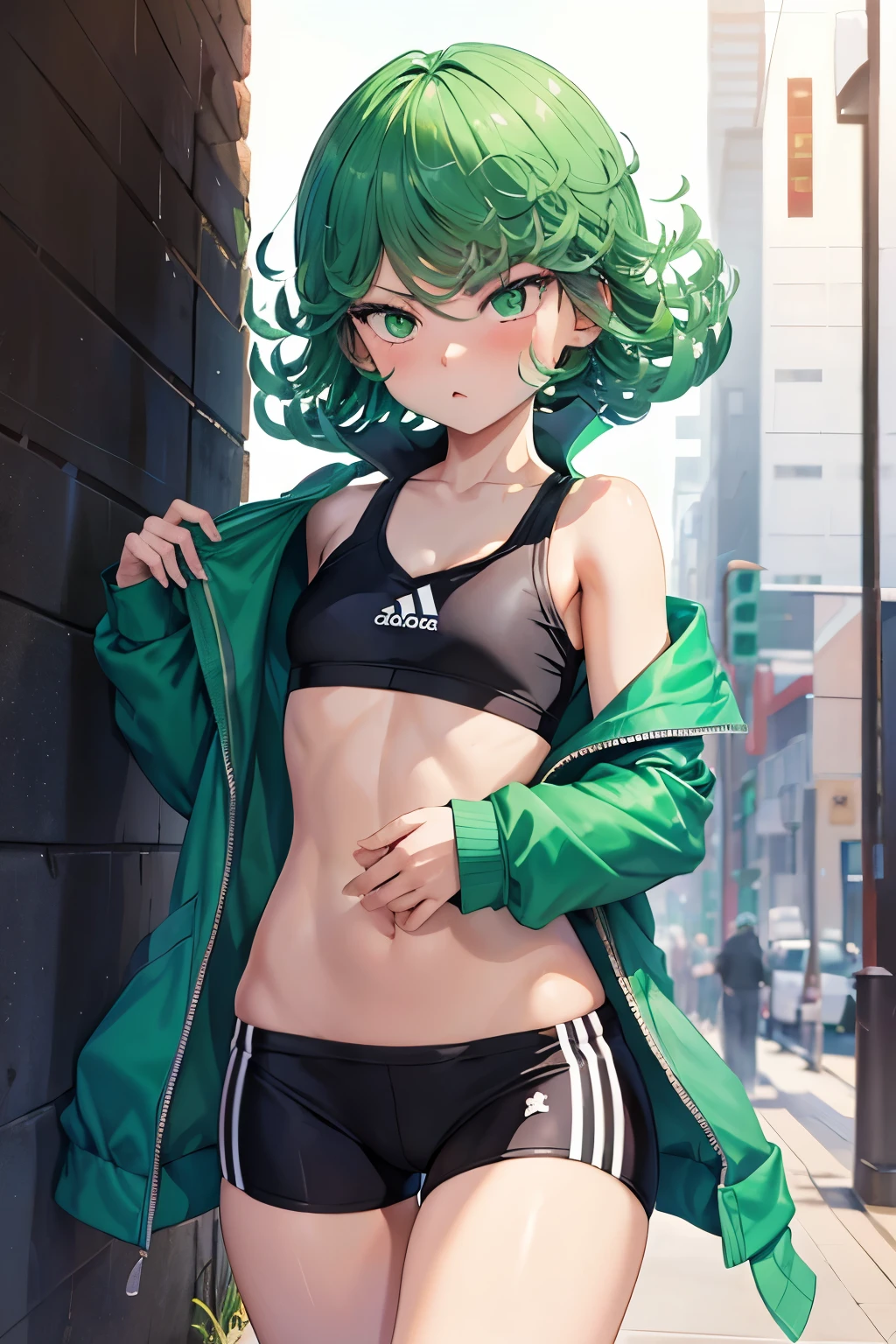 Tatsumaki ,1girl , anime , masterpiece , angry
face , blush , detailed eyes , green color hair, jaqueta aberta open clothes ,flat chest , sport bra, Adidas bike shorts . Gym . Standing.