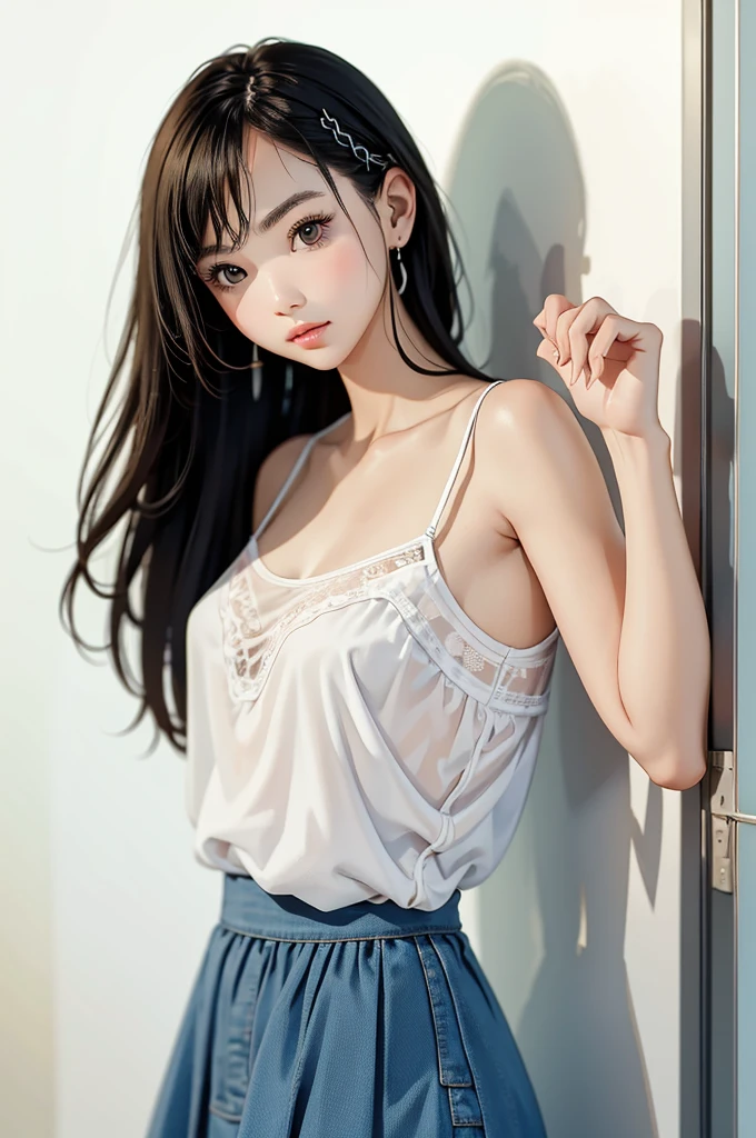 Highest quality、8K quality、A 20-year-old woman hiding her breasts with both hands、Deep U-neck T-shirt、Short skirt、Beautiful thighs、Soft Breasts、Looking up at the photographer、Shooting from the top of the front、Well-groomed, Adult face、Beautiful cleavage、When you bend over, Clothes come off、(Skinny body type:1.1), (Flat Chest:1.2),(Embarrassing:1.2)