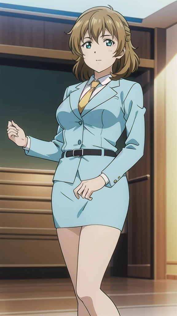 Brown Hair、 Medium Hair、Green Eyes，悲しいface， Full Body Style 、 normal breasts、 narrow waist 、Bare legs、In a suit、 blue jacket ,襟付きshirt, shirt, yellow tie ,belt,,  Blue Mini Pencil Skirt, black tights，White pumps，My legs are slightly flabby， official art, Extremely High Definition CG Unity 8k Wallpaper,  full light, colorful , bright _ Front_face_Lighting,  shiny skin, ( masterpiece:1.0),(Highest_quality:1.0), 超 high resolution on down,4K,Ultra-detailed, photo shoot, 8k,  high resolution on down,  high resolution on down,  absurd:1.2,  Kodak Portra 400,  film grain,  blurry background, Bokeh:1.2,  lens flare , (Vibrant_ color:1.2), Professional photography,Anime Images、